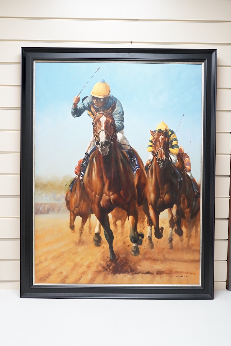 Graham Issom, Jockeys on horseback, signed, horse racing interest oil on canvas, 99 x 73cm